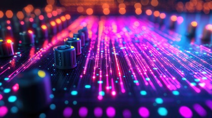 Neon trails of light stream across a futuristic control panel with glowing dials. Ideal for music production, DJ, cyberpunk, or technology backgrounds.