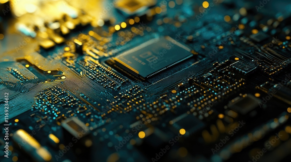 Poster A close-up shot of a microchip on a circuit board with blue and gold lighting, emphasizing the fine details of the electronic connections.