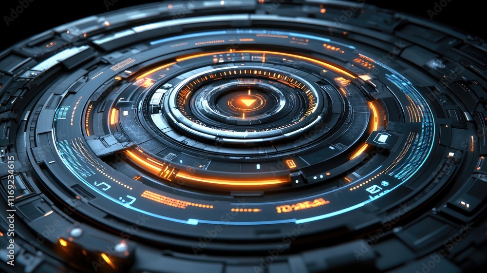 Poster a circular technological device with glowing orange rings and intricate details. ideal for futuristi