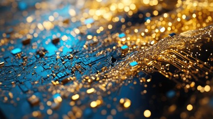 A close-up shot of a microchip on a circuit board with blue and gold lighting, emphasizing the fine details of the electronic connections.