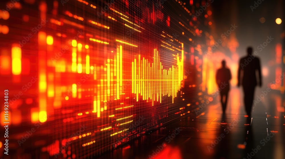 Canvas Prints blurred figures walk past a vibrant display of orange and yellow data visualization. ideal for tech,