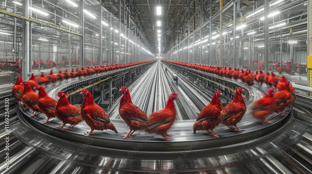 Poster automated conveyor system with red chickens in a factory.