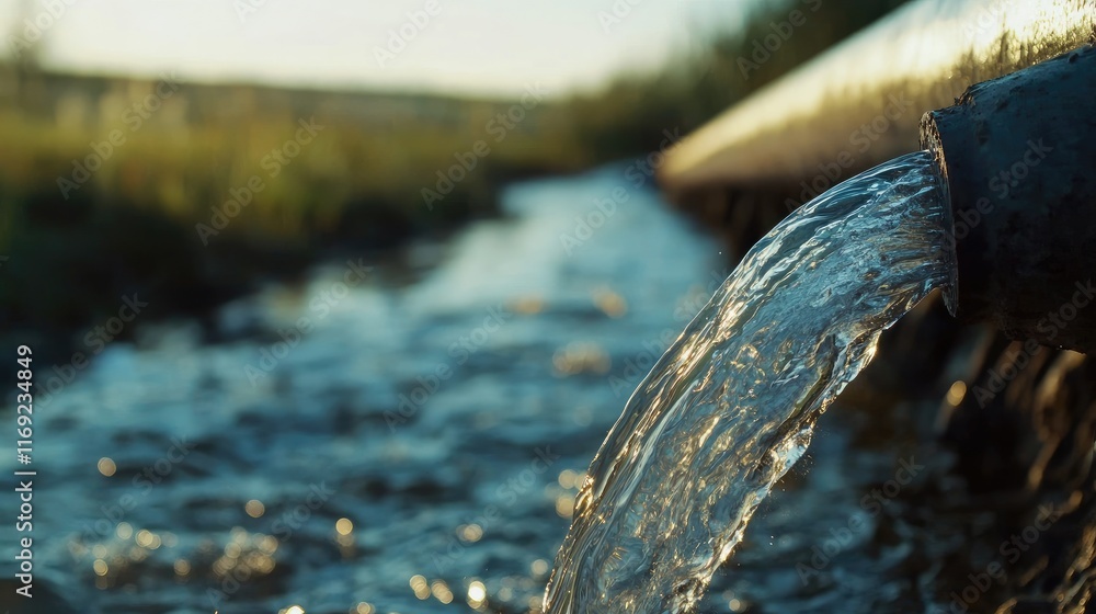 Poster A close-up shot of clear water flowing from a pipe in a field, emphasizing environmental responsibility and the importance of clean water management.
