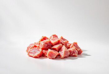 A photo of small chunks of meat isolated on white background