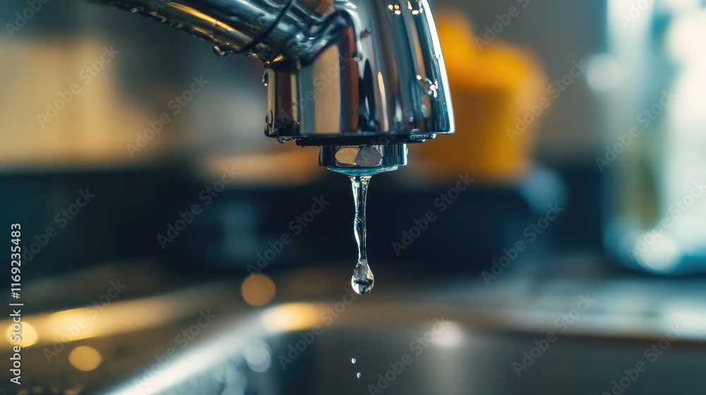 Poster a close-up view of water dripping from a pipe joint in an apartment, highlighting the issue of leaka