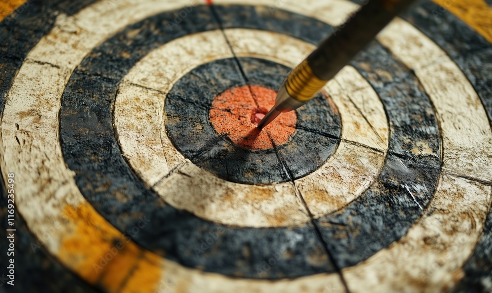 Poster precision targeting with dart hitting bullseye on weathered dartboard surface