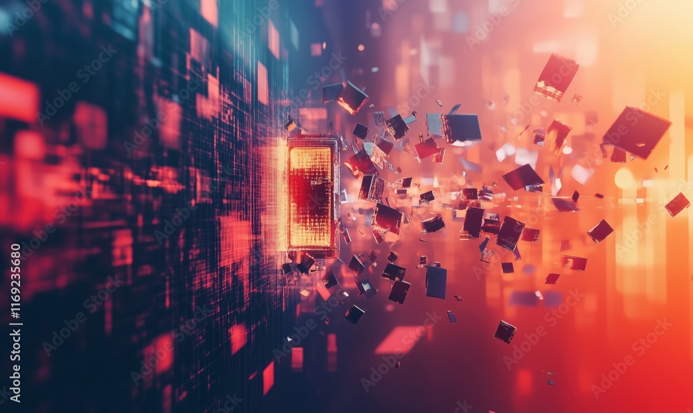 Poster digital explosion of data particles emanating from a glowing rectangular object, representing techno