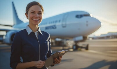Airline employee smiling with clipboard in front of airplane at airport during sunset, showcasing professionalism and customer service in aviation industry
