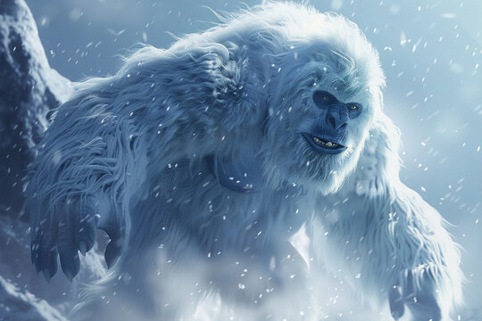 Huge fantasy hairy yeti character in beautiful outdoor nature color, abstract vivid composition consists of fictional unreal fantastic vision on background