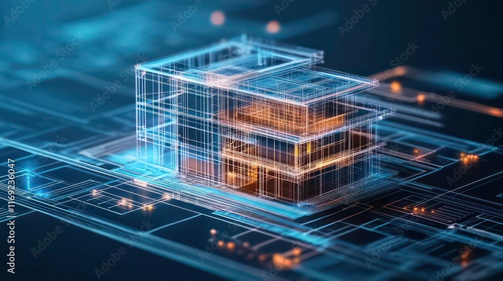 Poster digital construction building information modeling bim concept with 3d model and blueprints vector i