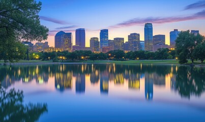 Fototapeta premium Dallas skyline reflection at twilight over tranquil lake, vibrant city lights illuminating urban landscape, serene nature juxtaposed with modern architecture