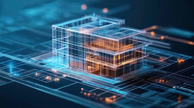 digital construction building information modeling bim concept with 3d model and blueprints vector illustration