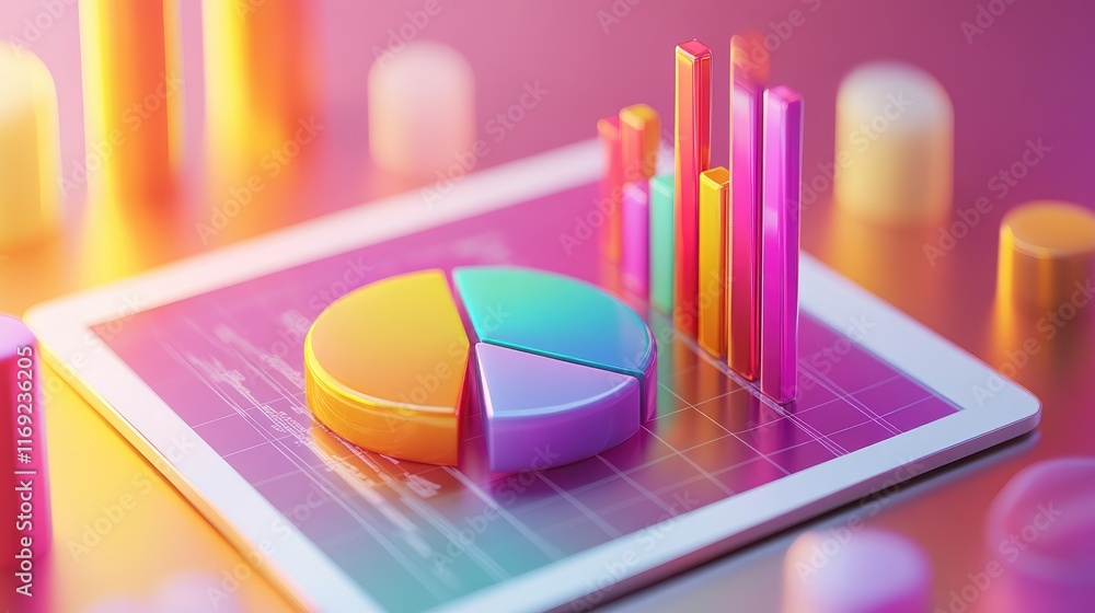 Poster A colorful pie chart and bar graph displayed on a tablet, tracking progress toward financial goals, symbolizing success and planning.