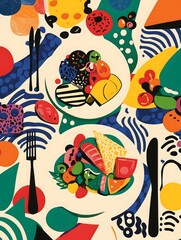 Retro 80s Memphis-style pattern, bright colors, and bold shapes