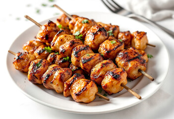A plated dish consisting of several grilled or roasted kebab isolated on white background