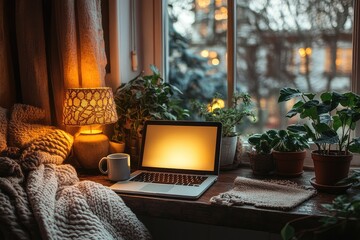 Fototapeta premium Cozy workspace with a laptop, plants, and warm lighting by a window during twilight.