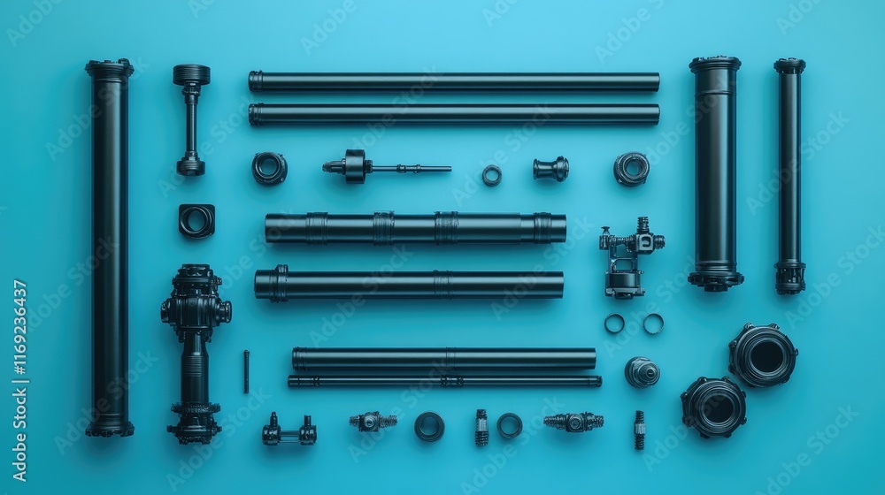 Poster a composition of pipes arranged on a blue background, showcasing their industrial design and functio