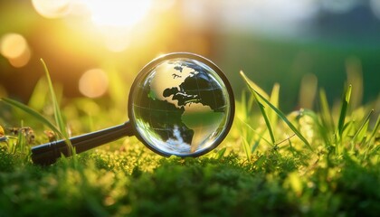 A magnifying glass over a globe resting on green grass in sunlight. trip