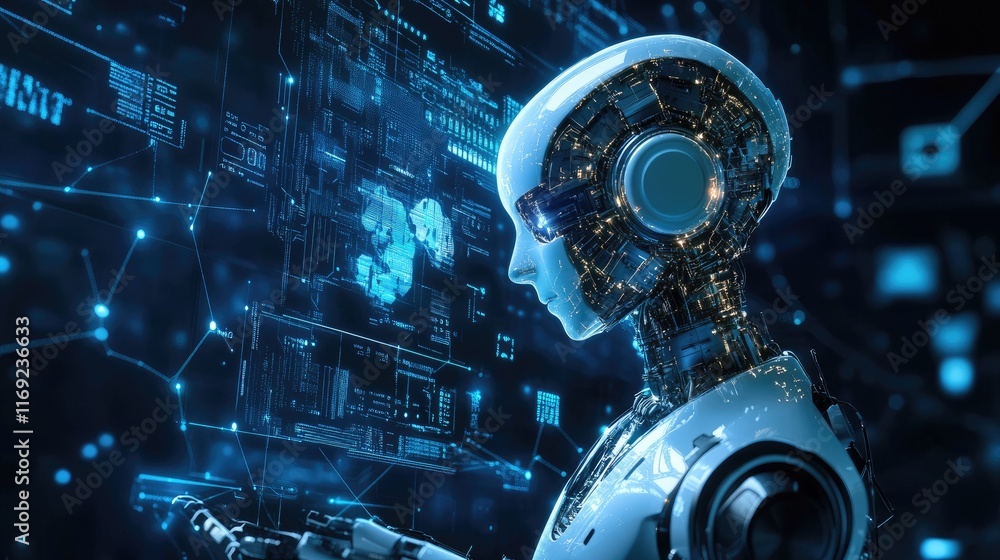 Poster A computer processor connected to an AI chatbot system, illuminated with glowing digital data streams and futuristic technology.