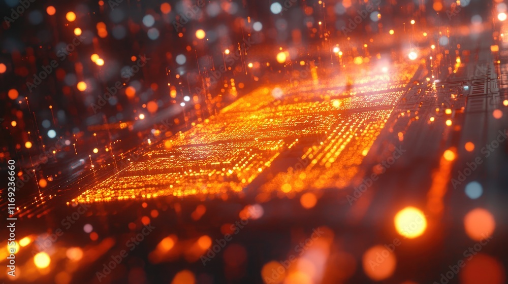 Poster A computer screen displaying complex digital data with glowing orange and red code, surrounded by a bokeh effect, creating a futuristic atmosphere.