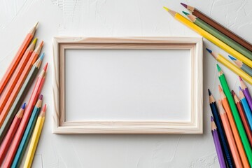 A white frame with a blank space sits on a table with a bunch of colored pencils
