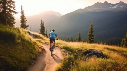 Fototapeta premium mountain biking, scenic trail, sunset, rolling hills, pine forest, misty mountains, golden hour, outdoor adventure, single track path, backlit cyclist, vibrant landscape, serene nature, dramatic sky, 