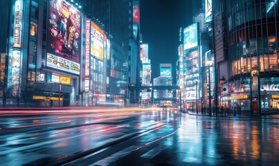 Obraz premium Neon-lit urban landscape at night showcasing vibrant advertisements and bustling city life in Shinjuku, Tokyo