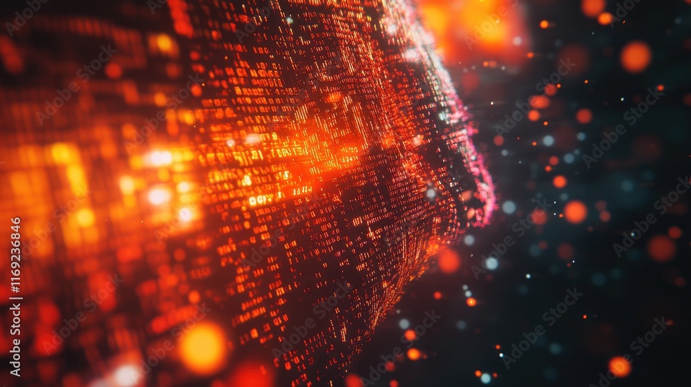 Poster A computer screen displaying complex digital data with glowing orange and red code, surrounded by a bokeh effect, creating a futuristic atmosphere.