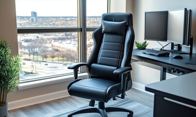 Modern ergonomic gaming chair in stylish office with large windows and city view, sleek desk setup with dual monitors and keyboard