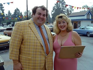 Happy salesman and saleswoman selling cheap cars from their 80's car lot garage on the forecourt badly dressed and smiling. Humorous retail sales people.