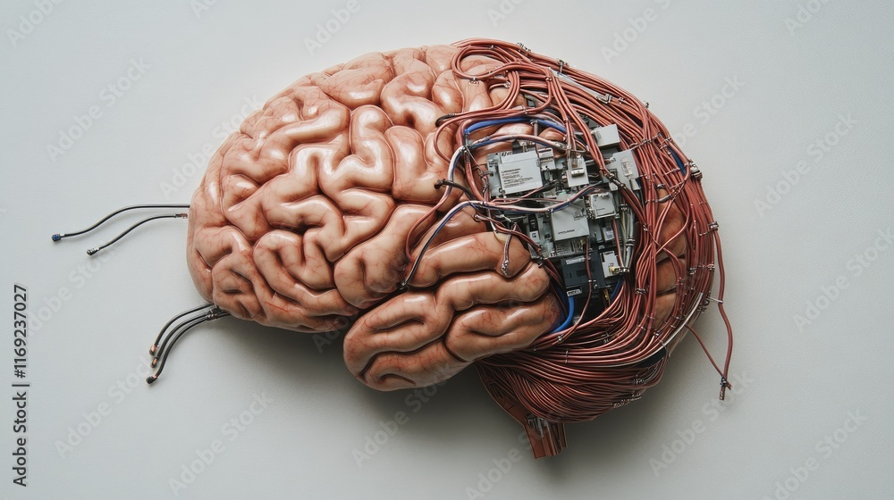 Poster A conceptual image of a brain connected to a system block with wires, symbolizing the intersection of neuroscience and technology.
