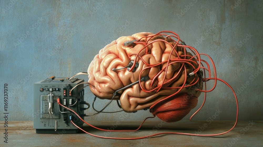 Poster A conceptual image of a brain connected to a system block with wires, symbolizing the intersection of neuroscience and technology.