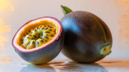 A halved passion fruit revealing its vibrant seeds and pulp, showcasing its unique texture.