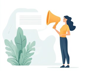 A woman with a megaphone speaks out in a vibrant, illustrated setting.