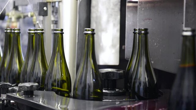 Red wine bottling line: Bottles of wine ready to be filled and closed with the cap