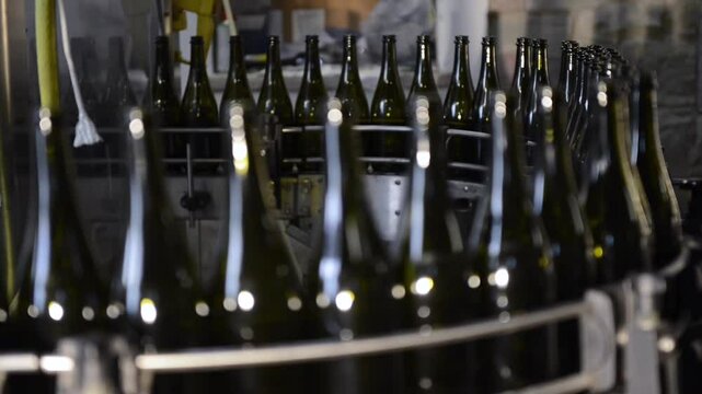 Red wine bottling line: Bottles of wine ready to be filled and closed with the cap