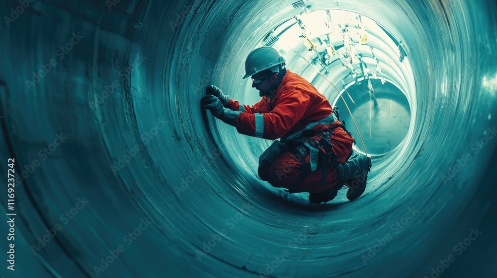 Aufkleber A construction worker inside a steel pipeline, working on the intricate tasks of pipeline assembly in an industrial setting.
