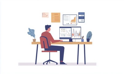 Home office workspace with man analyzing data on computer, surrounded by plants and organized documents, modern design, productivity focus