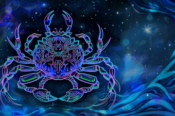 Fototapeta premium Astrological abstract composition with concept of Cancer zodiac sign symbol, abstract vivid composition consists of fictional unreal fantastic vision on background