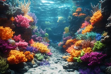 Vibrant coral reef bustling with marine life in a tropical underwater paradise