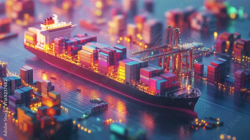 Poster a container cargo ship and trucks on a transportation network, representing the growth of global log