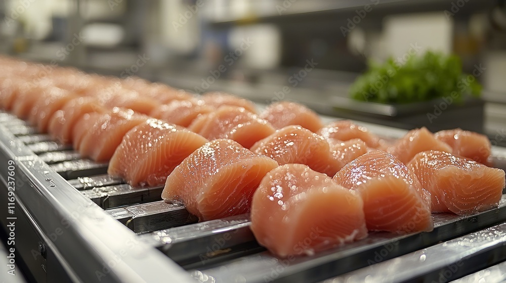 Poster fresh salmon fillets arranged on a processing line.