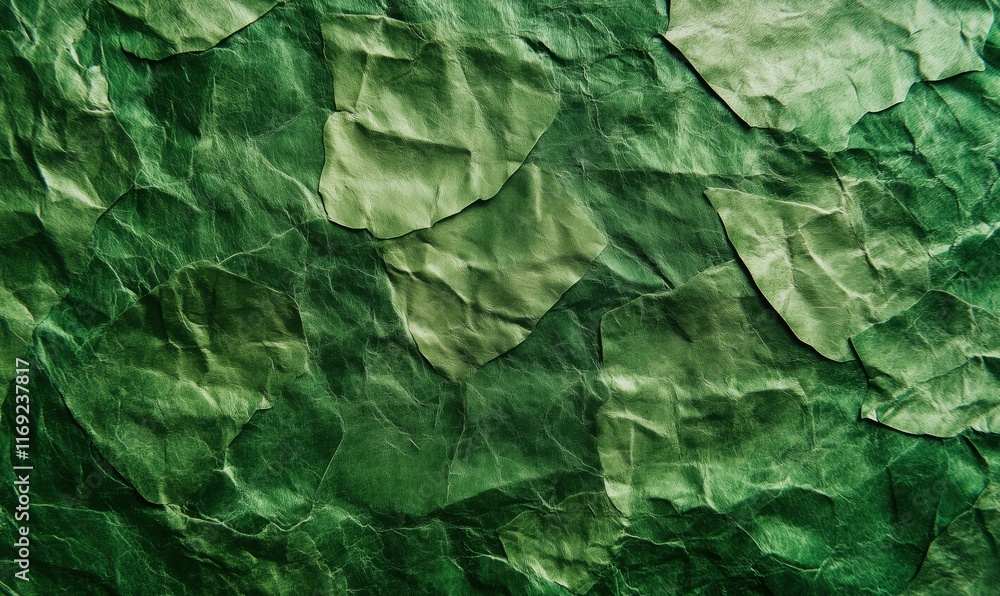 Poster textured green crumpled paper background with various shades and patterns, ideal for design and arti