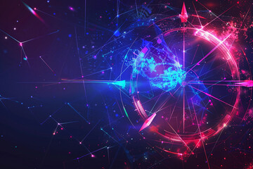 Astrological abstract composition with zodiac circle in signs and symbols, abstract vivid composition consists of fictional unreal fantastic vision on background