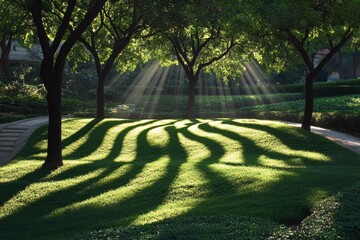 Obraz premium Sunlight filters through leaves creating beautiful patterns on stone pathway in a serene garden setting