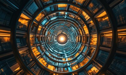 Cylindrical architectural design featuring vibrant blue and orange lighting, circular perspective, and a central bright light source