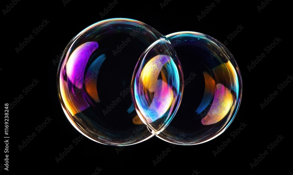 Poster colorful soap bubbles overlapping, showcasing vibrant reflections and intricate patterns against a b