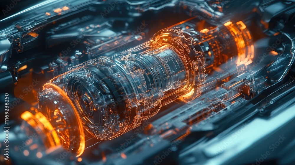 Poster A detailed holographic visualization of a vehicle braking system, offering an in-depth view of its complex internal structure and technology.v