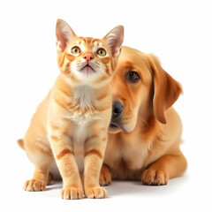 Obraz premium Isolated shot of ginger cat looking at Retriever dog looking at the camera on white surface
