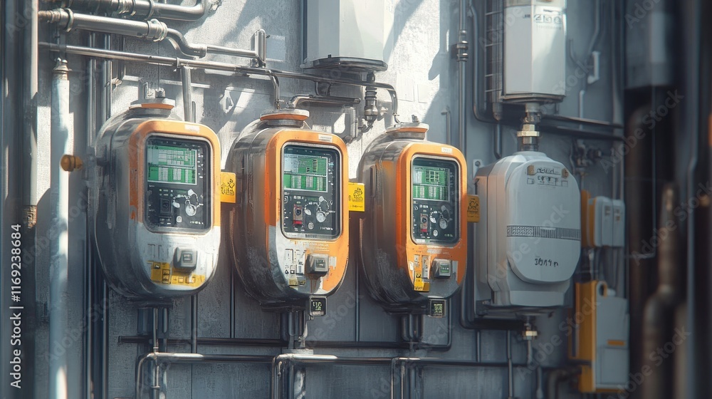Poster A detailed image of a gas meter array, featuring several meters for monitoring gas flow in an industrial or residential building setup.